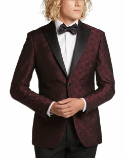 Egara Slim Fit Satin Peak Lapel Dinner Jacket, Burgundy Patterned