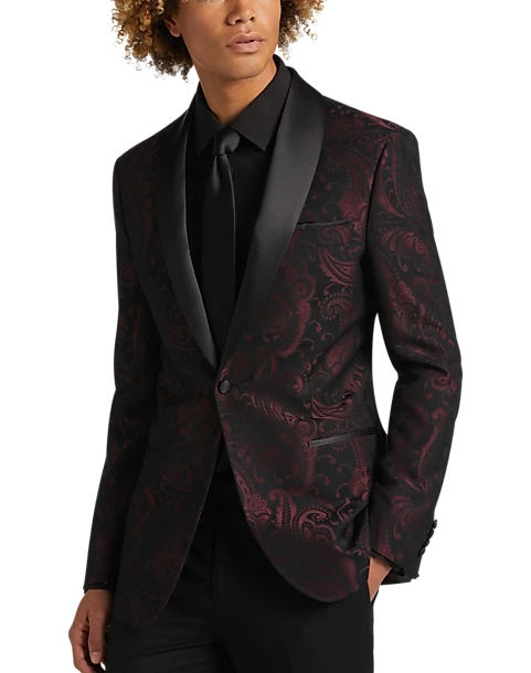 After Hours Slim Fit Shawl Collar Dinner Jacket, Burgundy Paisley 1 After Hours Slim Fit Shawl Collar Dinner Jacket, Burgundy Paisley