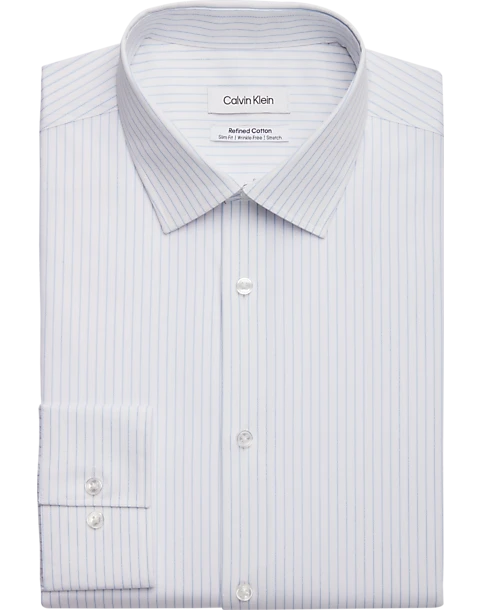 Calvin Klein Refined Cotton Stretch Supima Slim Fit Dress Shirt, Light Blue Stripe 1 Calvin Klein Refined Cotton Stretch Supima Slim Fit Dress Shirt, Light Blue Stripe