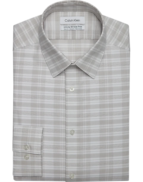 Calvin Klein Infinite Wrinkle Free Slim Fit Stretch Collar Dress Shirt, Taupe Plaid 1 Calvin Klein Infinite Wrinkle Free Slim Fit Stretch Collar Dress Shirt, Taupe Plaid