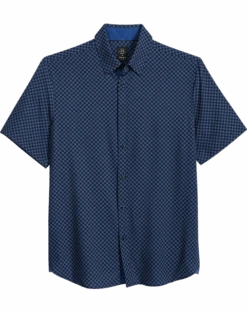 Michael Strahan Modern Fit 4-Way Stretch Short Sleeve Sport Shirt, Blue Geo Grid