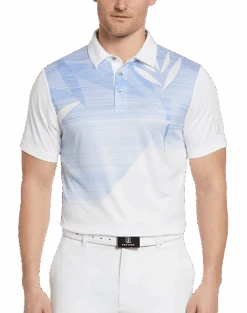 PGA Tour Classic Fit Printed Polo, White Asymmetric Tropical